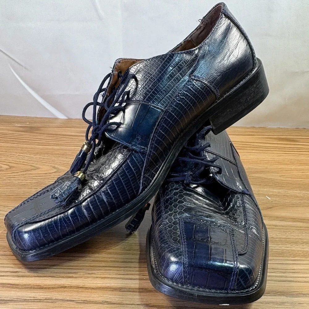 Stacy Adams Genuine Snake square toe classic dress Shoes Men 10 Navy Blue Tassel